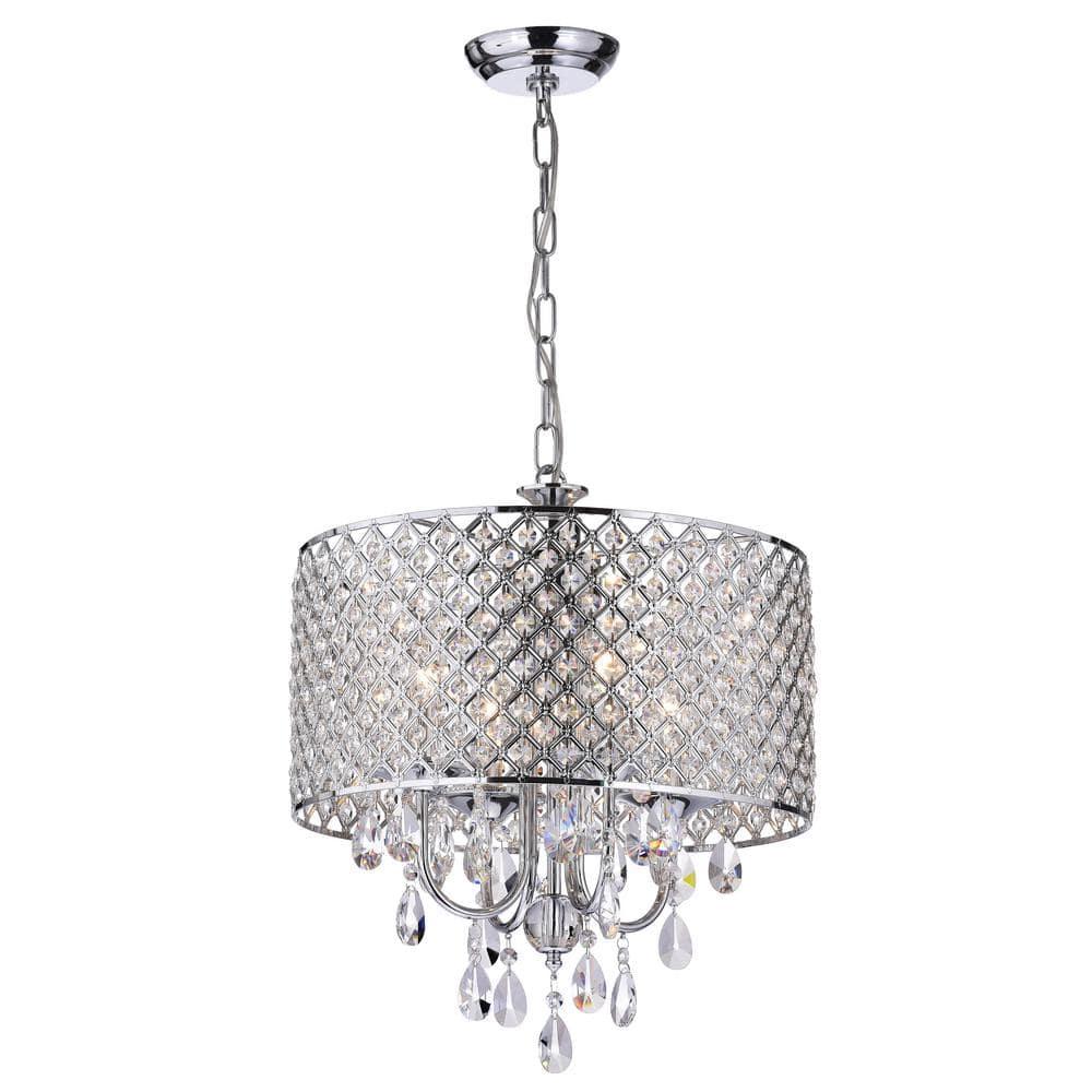 Chrome and Crystal 4-Light Drum Chandelier with Beaded Shade