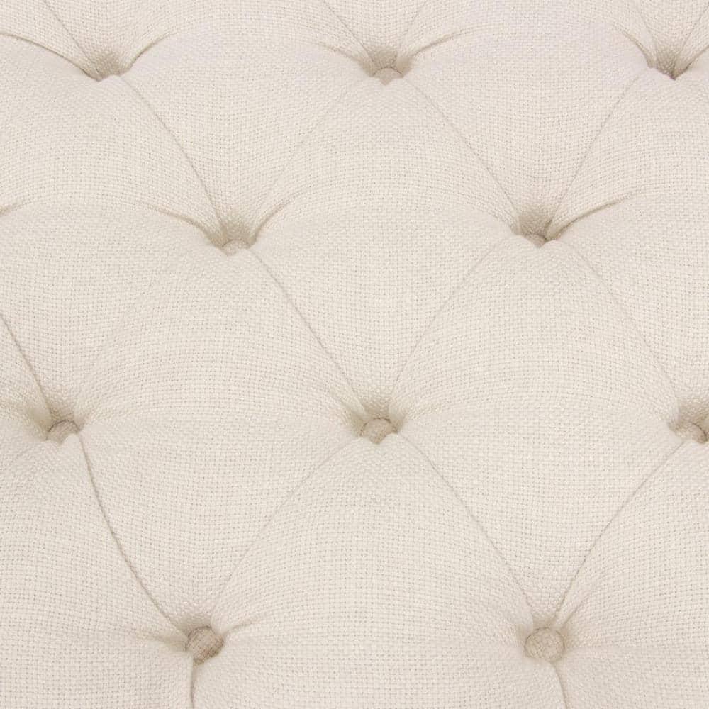 Large Beige Linen Upholstered Bench with Black Metal Base