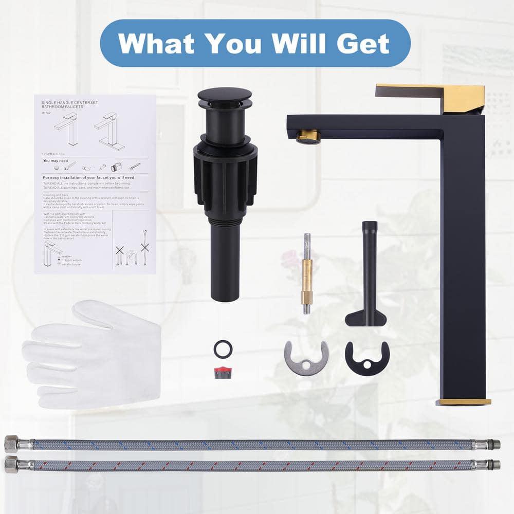 Single Handle Single Hole Bathroom Faucet with Drain Include in Black and Gold