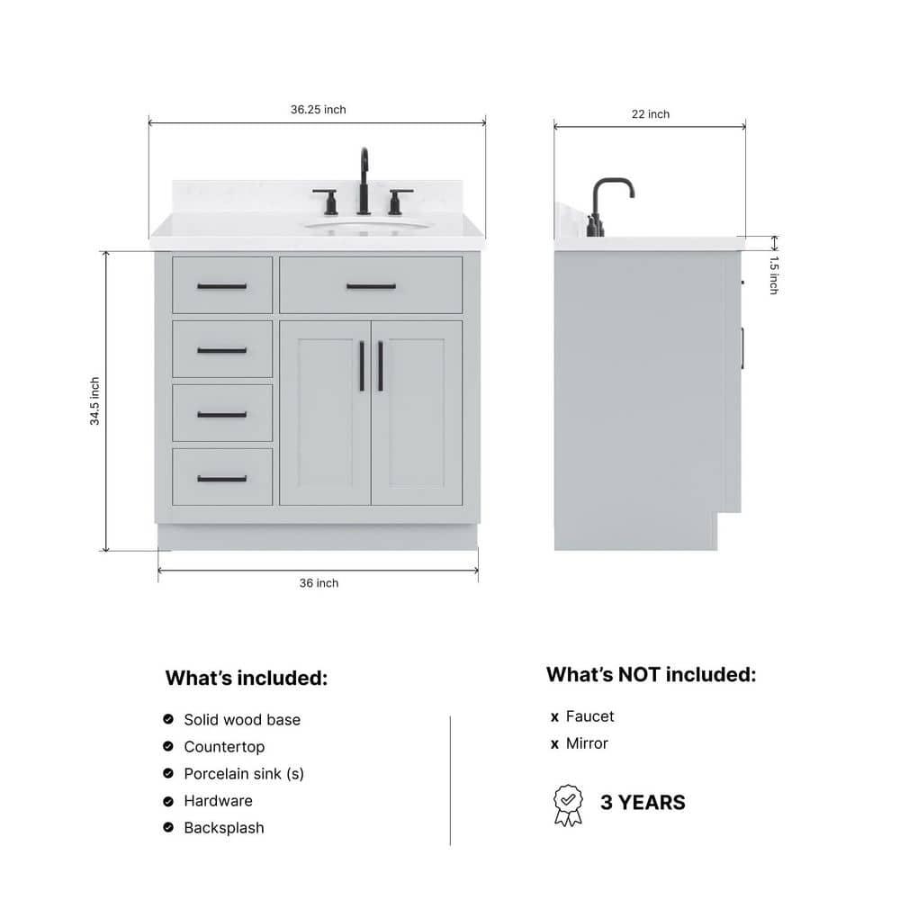 Thornaby 36'' Solid Wood Single Bathroom Vanity with 1.5'' Carrara Quartz Top, Left Offset Oval Sink