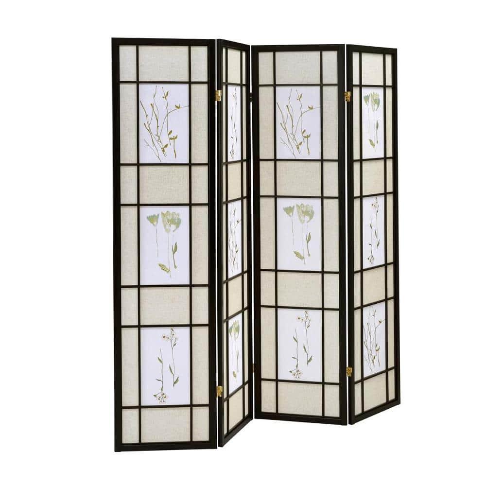4-Panel Folding Screen with Floral Motif, Multicolor