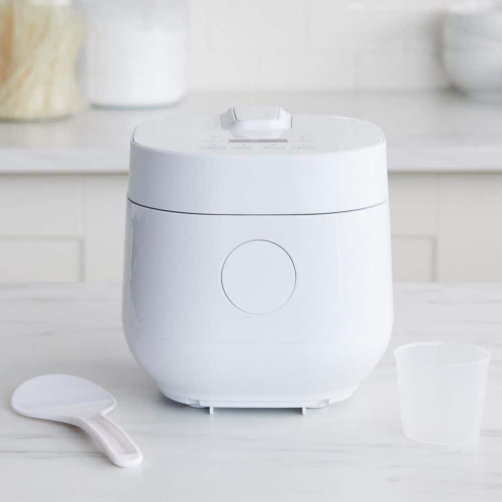 Compact White Electric Rice and Grains Cooker with Ceramic Nonstick Bowl