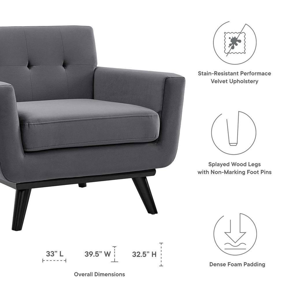 Engage Performance Velvet Armchair Gray - Modway: Plush, Tufted, Black Wood Legs