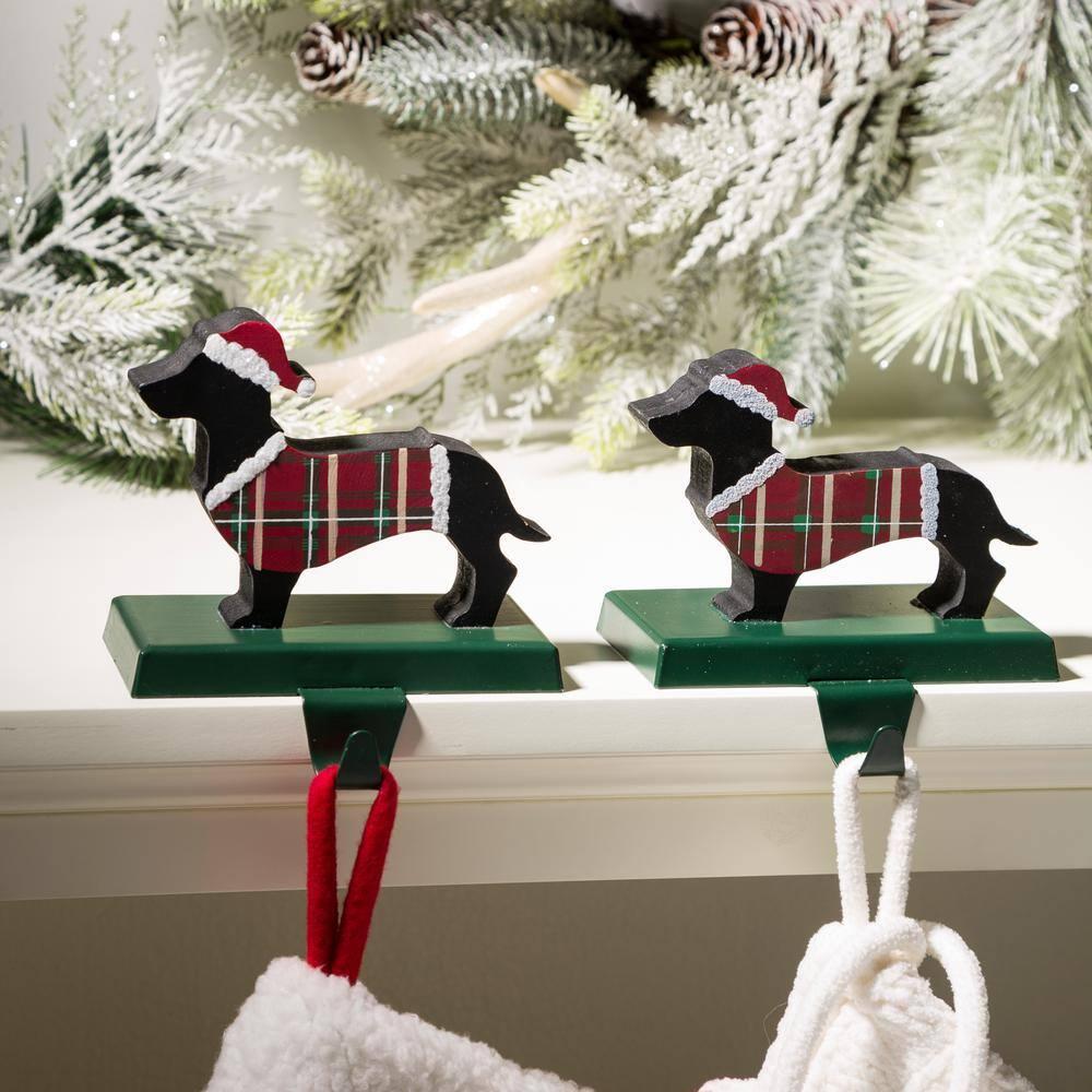 Plaid Dachshund Wooden and Metal Christmas Stocking Holders, Set of 2