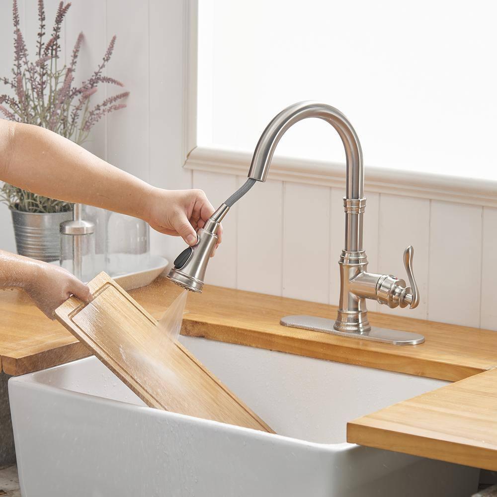 Kitchen Sink Faucet Brushed Nickel with Pull Down Sprayer 3 Mode Faucet for Kitchen Sink Single Handle High Arc Commercial Stainless Steel Pull Out RV Kitchen Faucet Bar,Deck Plate Include