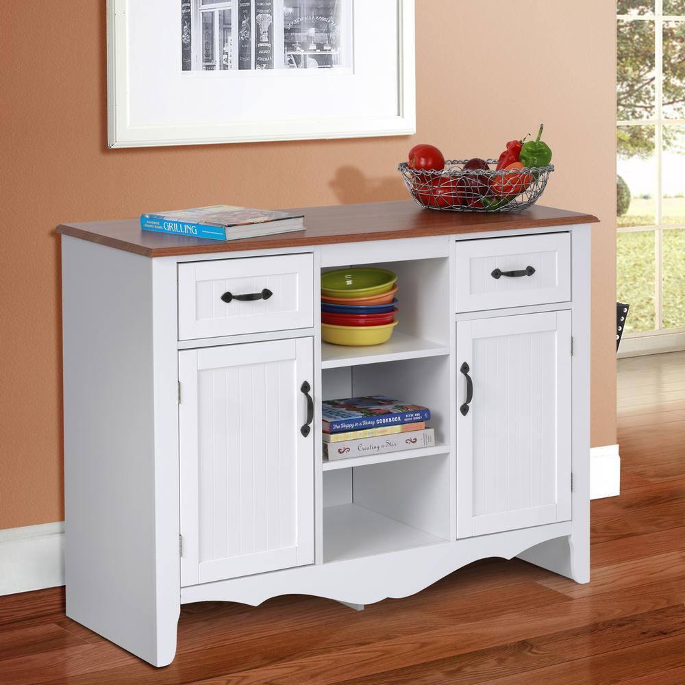 OS Home & Office Furniture Countryside Buffet with Two Drawers & Two Doors, Crisp White with Warm Pine Tops