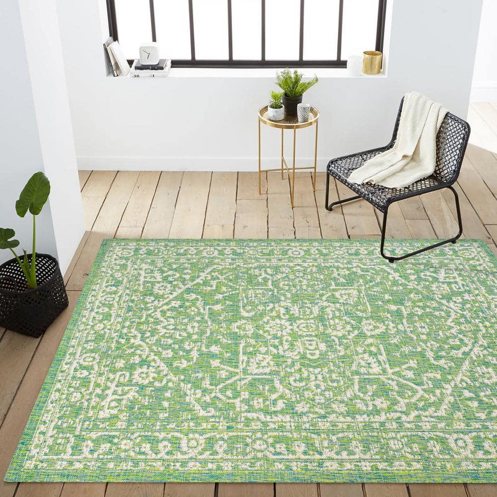 4' x 6' Malta Bohemian Medallion Textured Weave Indoor/Outdoor Area Rug, Cream/Green - JONATHAN Y