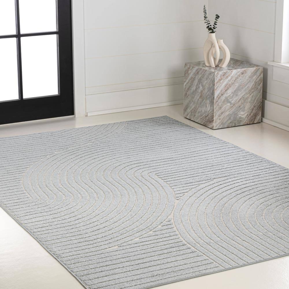 JONATHAN Y Hallie High-Low Minimalist Curve Geometric Light Blue/Cream 4 ft. x 6 ft. Indoor/Outdoor Area Rug