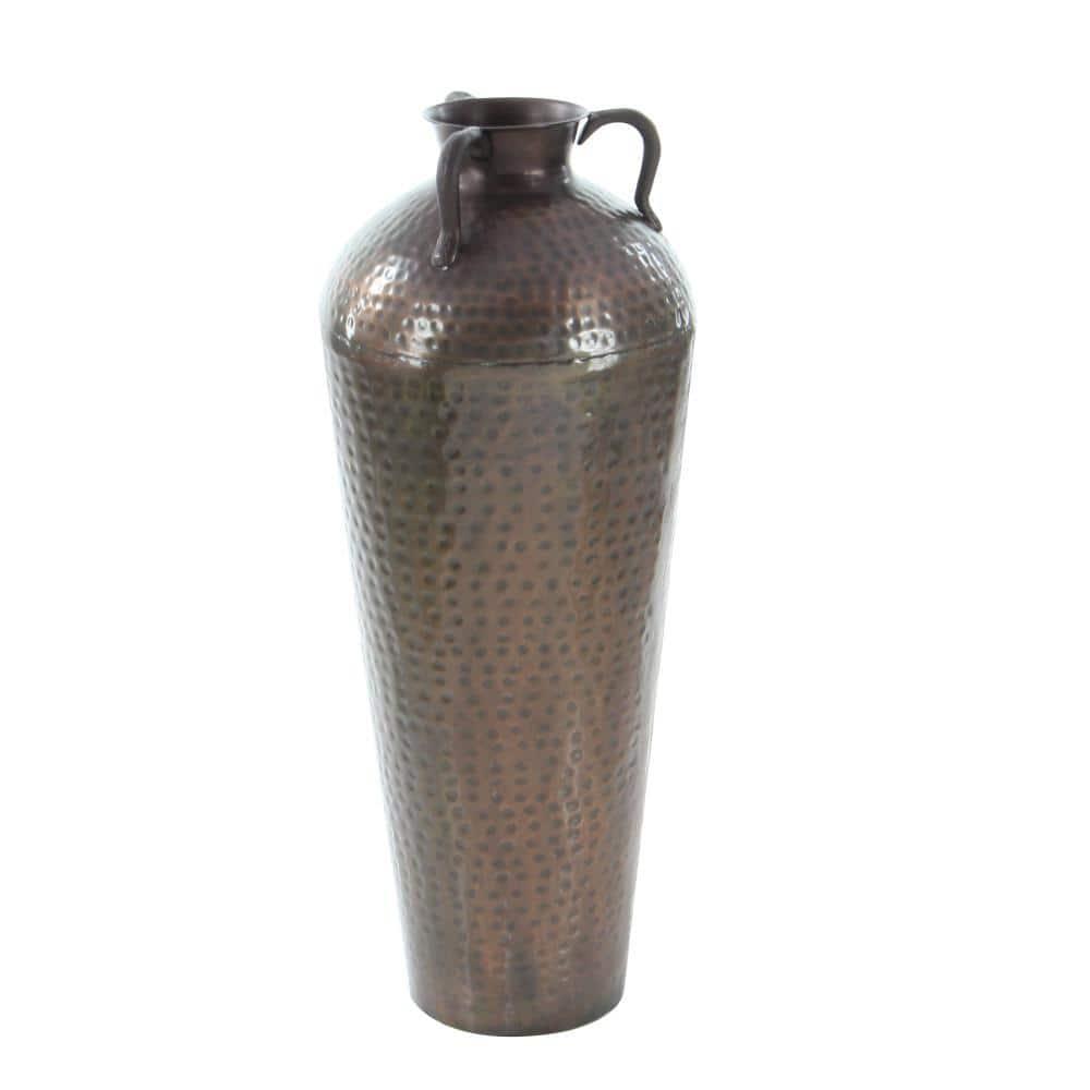 DecMode 32" Tall Floor Mediterranean Style Brown Metal Vase with Hammered Details and Handles