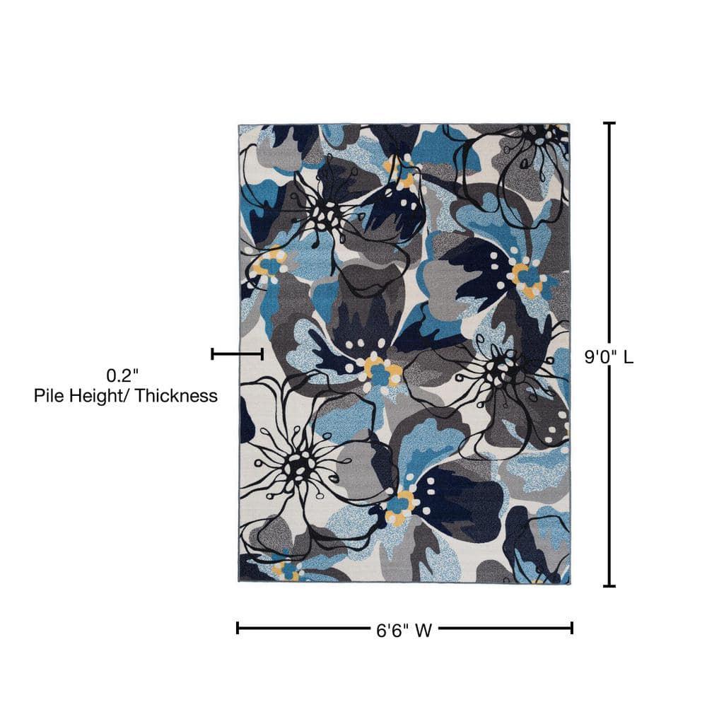 World Rug Gallery  Modern Floral Non-Slip Area Rug Ivory, Blue, Grey 6'6"x9' Pet Friendly, Stain Resistant, Non Slip 6' x 9', 7' x 9' Indoor Living