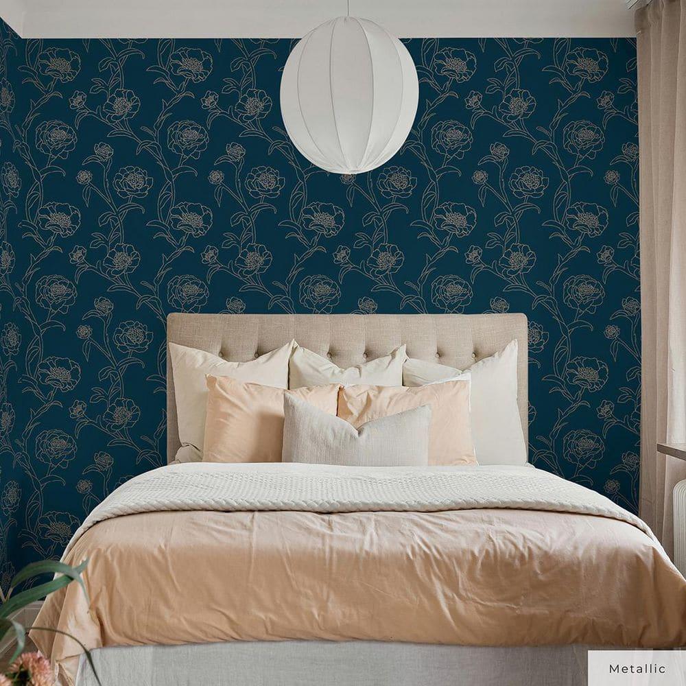 Tempaper & Co.® Peonies Removable Peel and Stick Wallpaper, Peacock Blue and Metallic Gold Floral, 28 sq. ft.: Vinyl Self-Adhesive