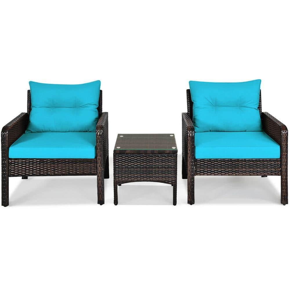 YYAo Garden Conversation Table Set, Conversation Loveseat Chairs Set, 3 Pcs Outdoor Patio Rattan Conversation Set with Seat Cushions-Turquoise