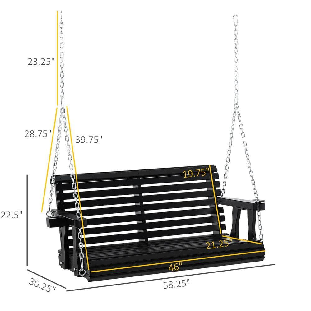 Outsunny 46" 2-Person Porch Swing Wooden Patio Swing Bench with Cup Holders, Slatted Design, & Chains Included, 440lb Weight Capacity, Black