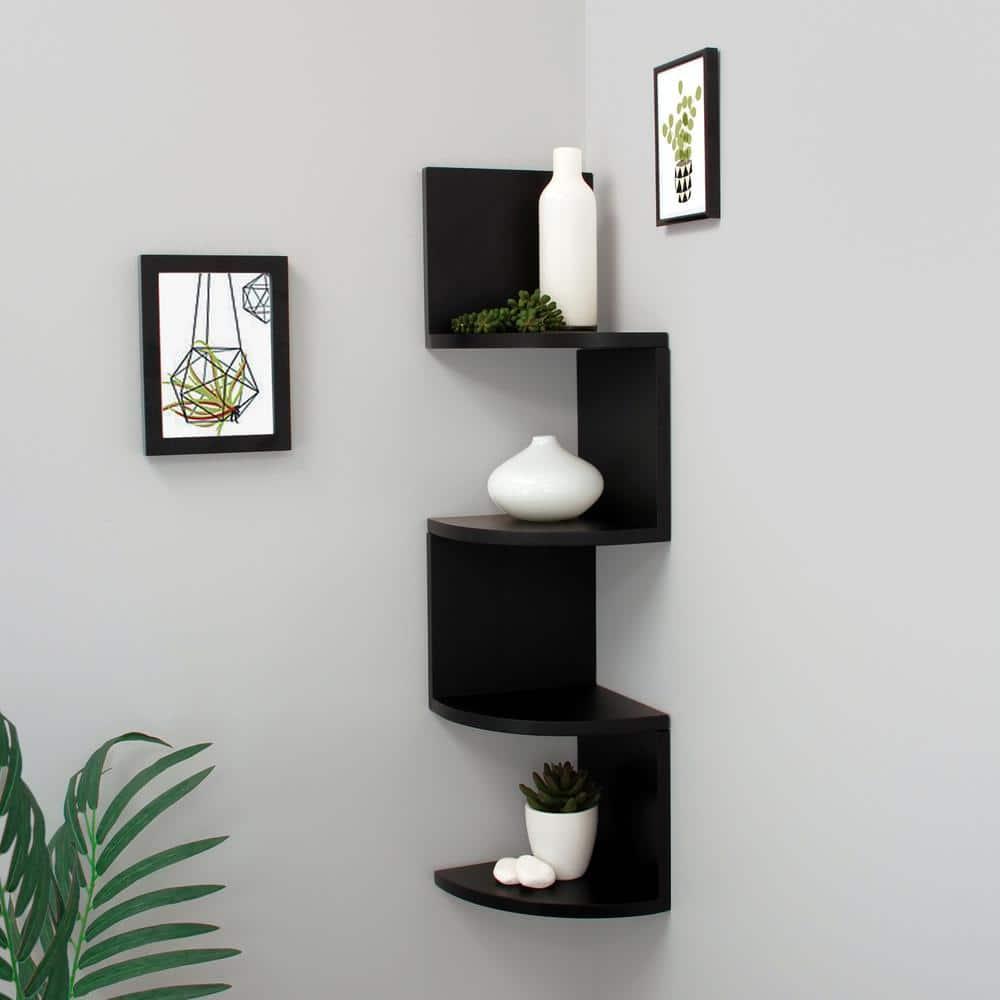 Black Wood Floating Corner Shelves Set for Wall