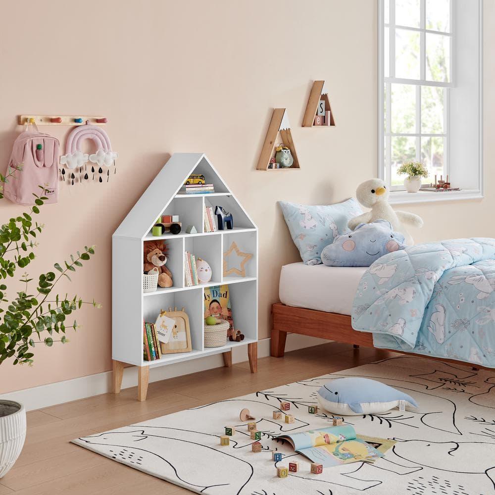 Steiner White Dollhouse 8-Compartment Kids Book or Toy Figure Display Unit Freestanding Bookshelf with Beech Legs