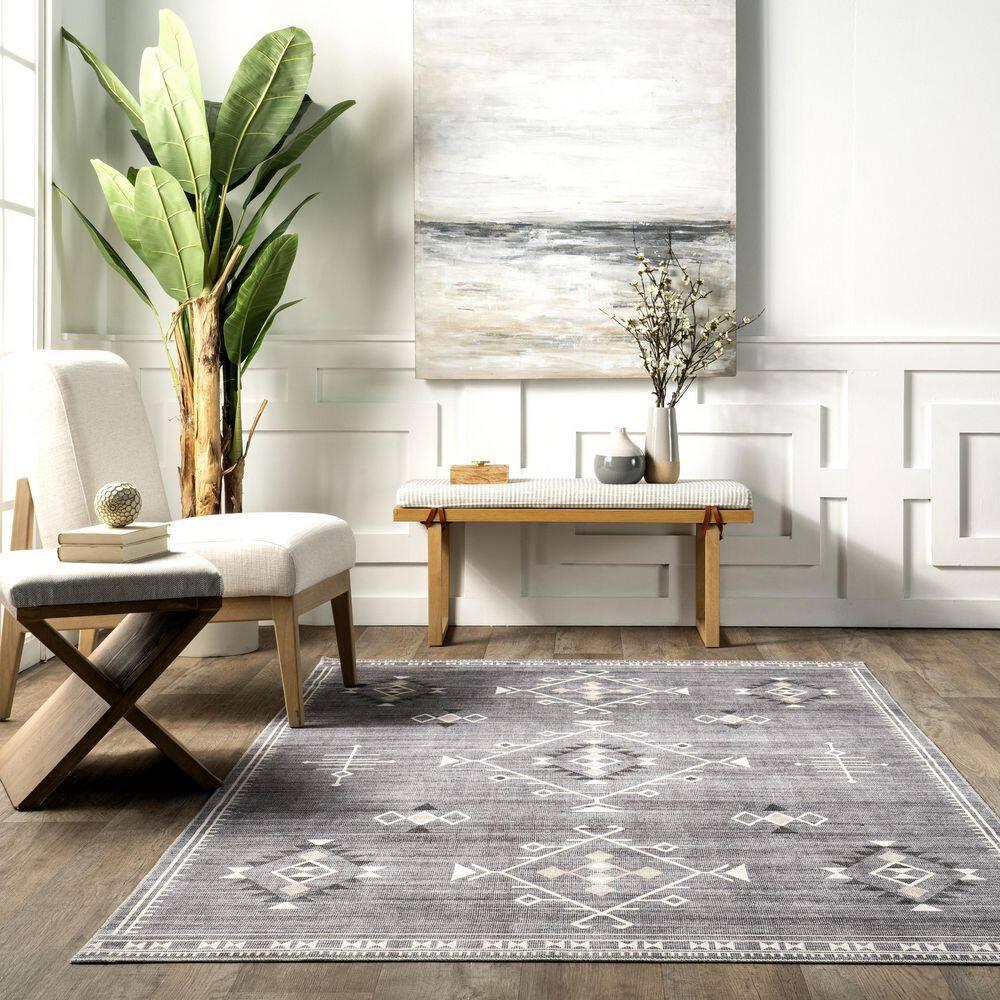 Nuloom Evalyn Diamond 8x10 Machine Washable Indoor Area Rug for Living Room Bedroom Dining Room Kitchen, Grey/Ivory