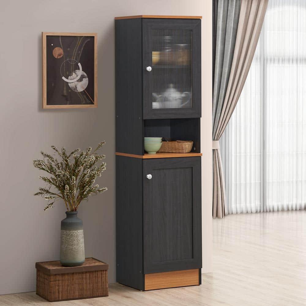 63" Tall Slim Open Shelf Plus Top and Bottom Enclosed Storage Kitchen Pantry in Black-Beech