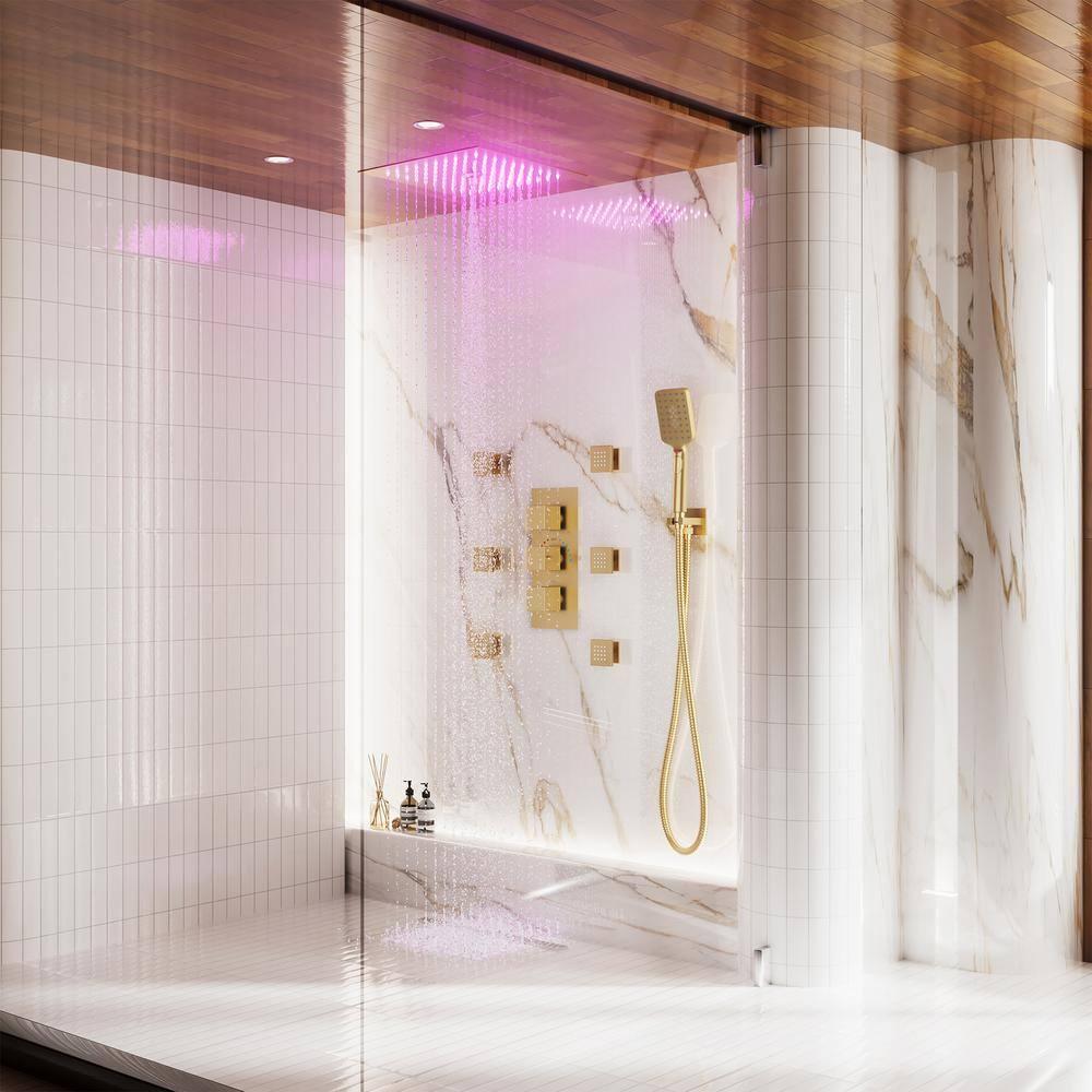 12" Flush Mounted Luxury Thermostatic Rainfall Shower System with LED and 6 Body Jets