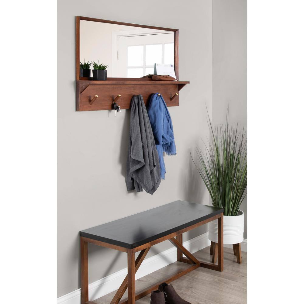 24" x 36" Hinter Functional Wall Mirror Walnut Brown - Kate & Laurel All Things Decor: Mid-Century, Storage Shelf, Hanging Hooks