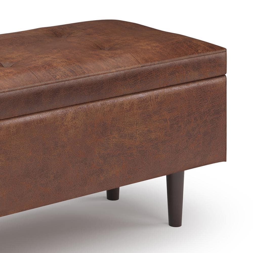 Simpli Home Shay 48 inch W. Modern Storage Ottoman in Distressed Saddle Brown Faux Leather