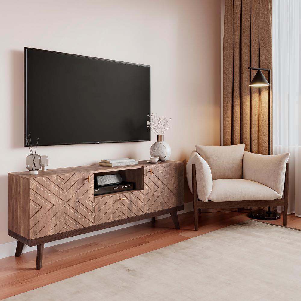 Living Skog  Alba Beige TV Stand Console with Drawer Fits TV's up to 65 in. with Wood Legs Mid Century Modern Design Brown Laminate,MDF Up to 240 lbs