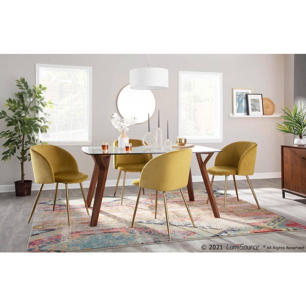 Set of 2 Fran Contemporary Dining Chairs Steel/Velvet Gold/Chartreuse - LumiSource: Padded Bucket Seat, Walnut Legs, Chrome-Plated Finish