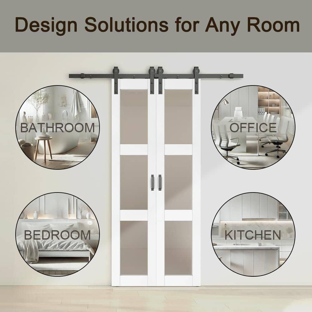 Calhome 3-Lite Tempered Frosted Glass White Finished Composite Double Sliding Barn Door with Hardware Kit Handle
