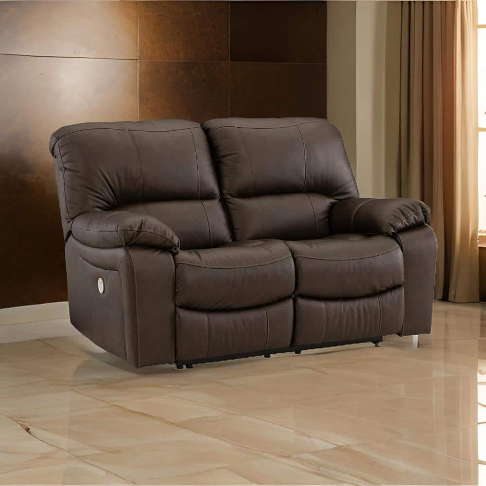 Benjara Niy 65 Inch Power Recliner Loveseat, Cushioned, Dark Brown Leather-Color:BrownMaterial