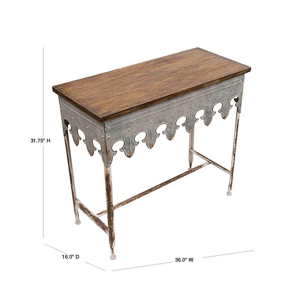 Storied Home Scalloped Sofa Table Silver: Farmhouse Zinc-Finish, Fir Wood Top, 44 lbs Capacity