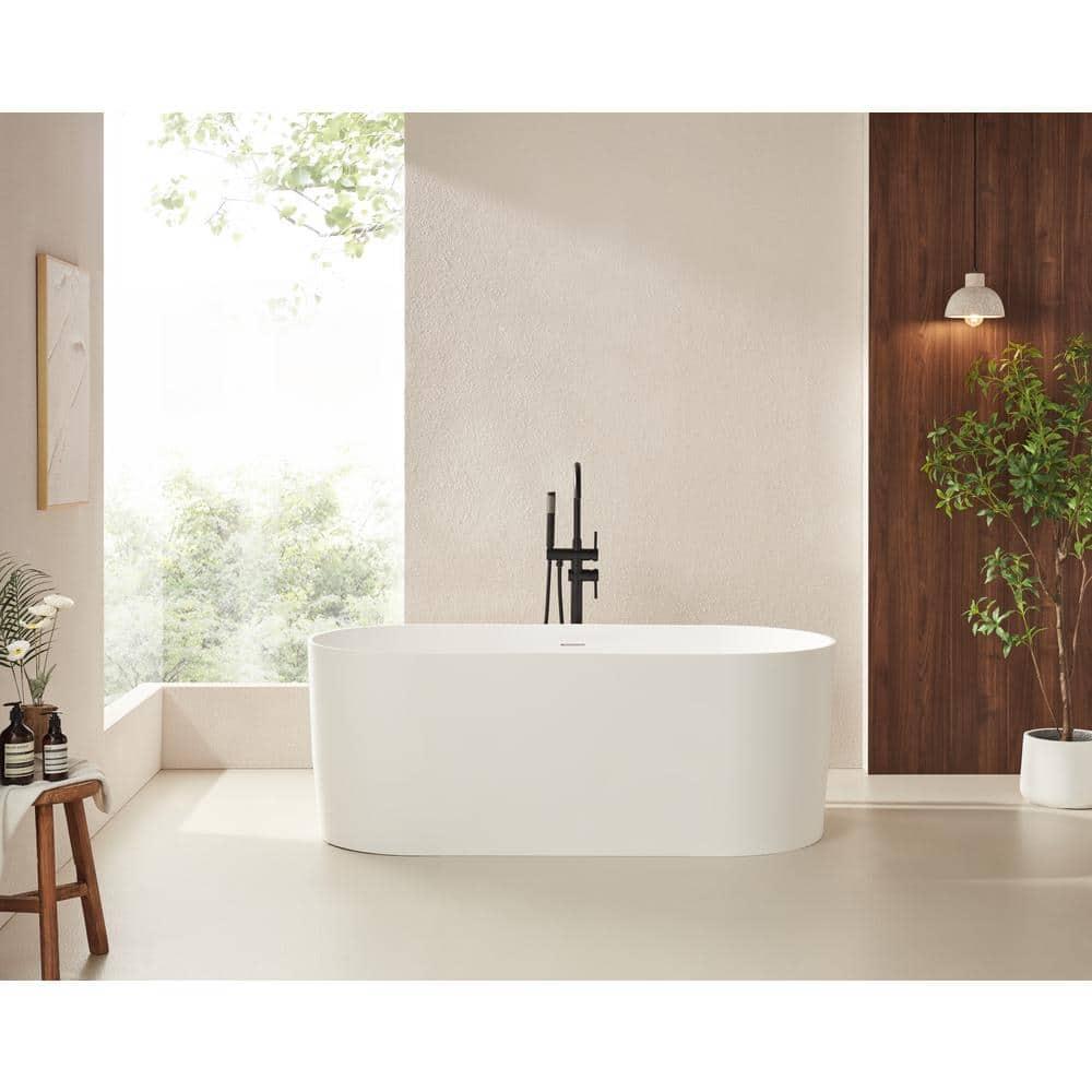 59" x 29.5" Freestanding Soaking Stone Resin Bathtub with Pure White Overflow and Pop Up Drain