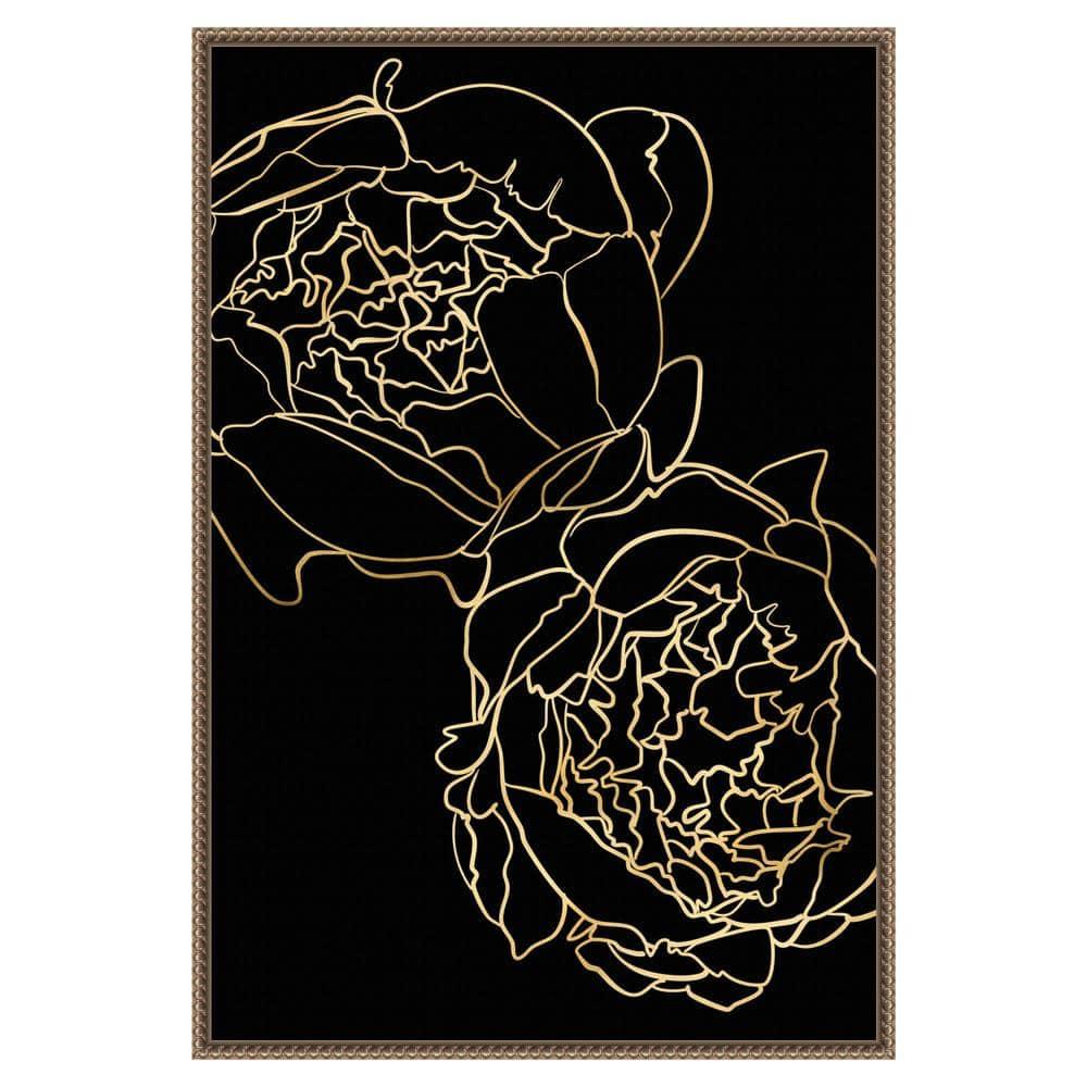 23"x33" Peonies in gold and black by Rosana Laiz Blursbyai Framed Canvas Wall Art Print Bronze - Amanti Art: Vertical Lithograph, Modern Decor