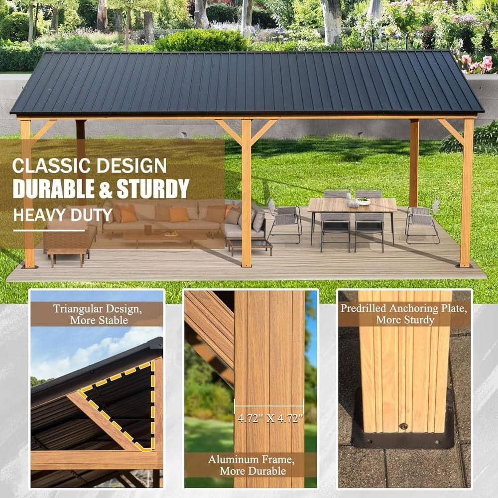Swonuk 12' x 20' Hardtop Gazebo, Galvanized Steel Gable Roof Gazebo Pergola with Wood Grain Aluminum Frame, Outdoor Permanent Gazebo Pavilion for Patio Garden Lawn Backyard and Deck (Yellow Brown)