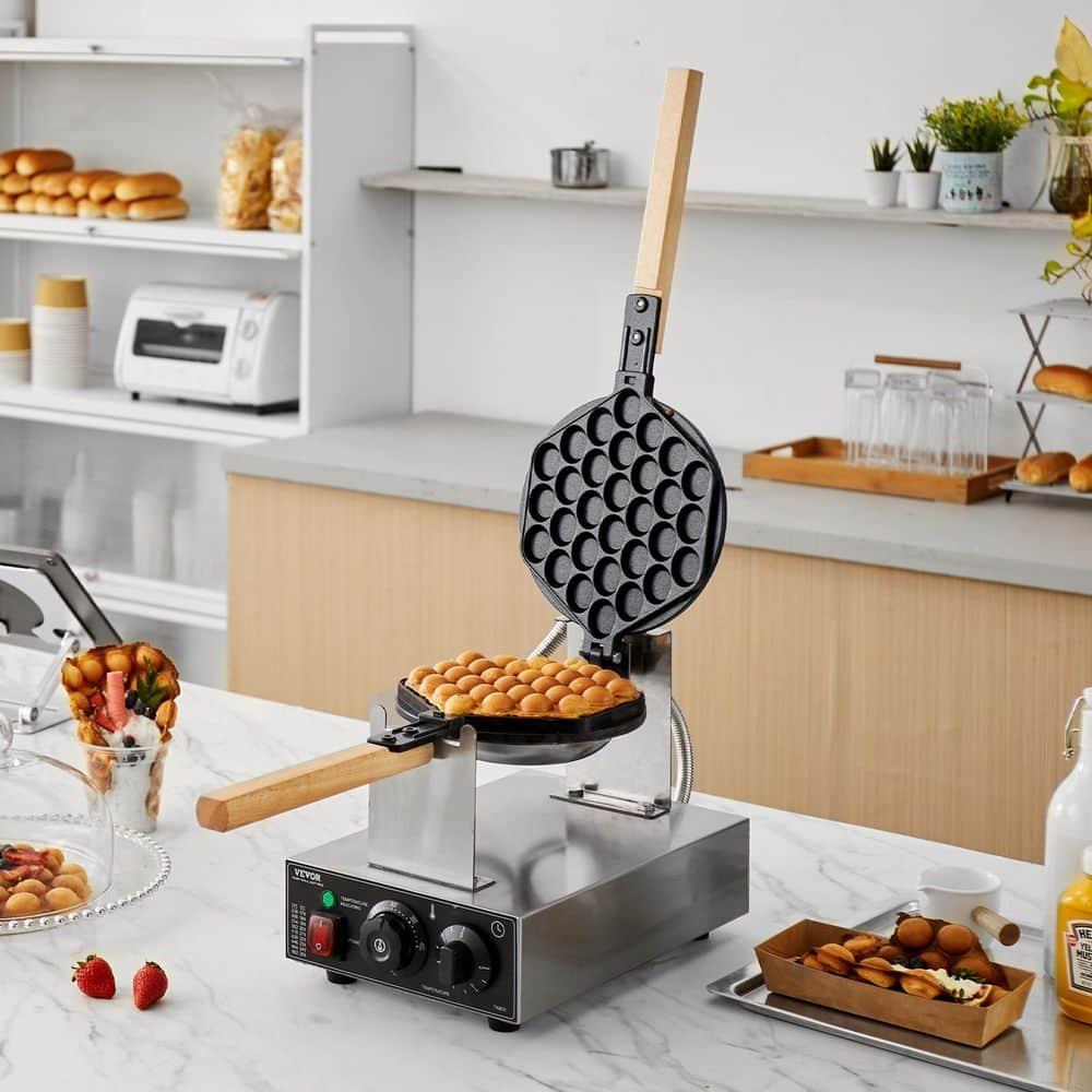 VEVOR Commercial Bubble Waffle Maker, 1400W Egg Bubble Puff Iron w/ 180° Rotatable 2 Pans & Wooden Handles, Stainless Steel Baker w/Non-Stick Teflon Coating, 50-250℃/122-482℉ Adjustable