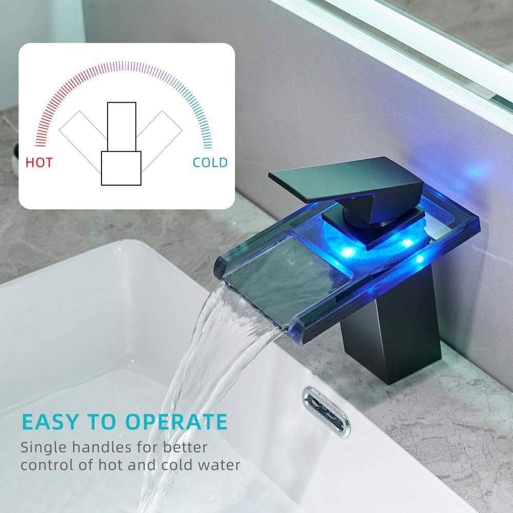 LED Bathroom Sink Faucet, Matte Black Waterfall Single Handle Vanity Faucets for Sinks 1 Hole with Metal Pop Up Drain and 2 Water Supply Lines, Open Glass Spout
