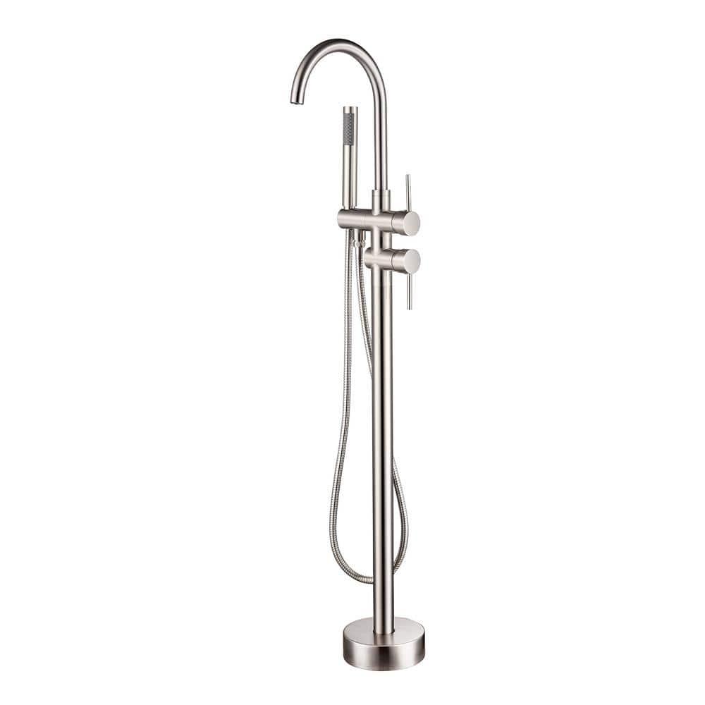 Double Handle Floor Mounted Freestanding Tub Filler With Handshower