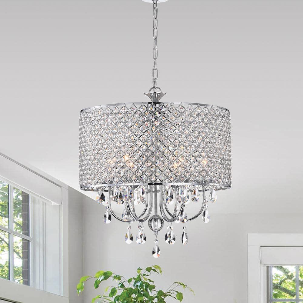 EDVIVI LIGHTING Round Beaded Drum Chandelier with Hanging Crystals Chrome 6 22" Gold
