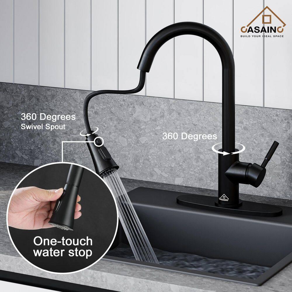 Pull Down Sprayer Kitchen Faucet with Dual-Function Sprayer and Deck Plate in Spot-Free