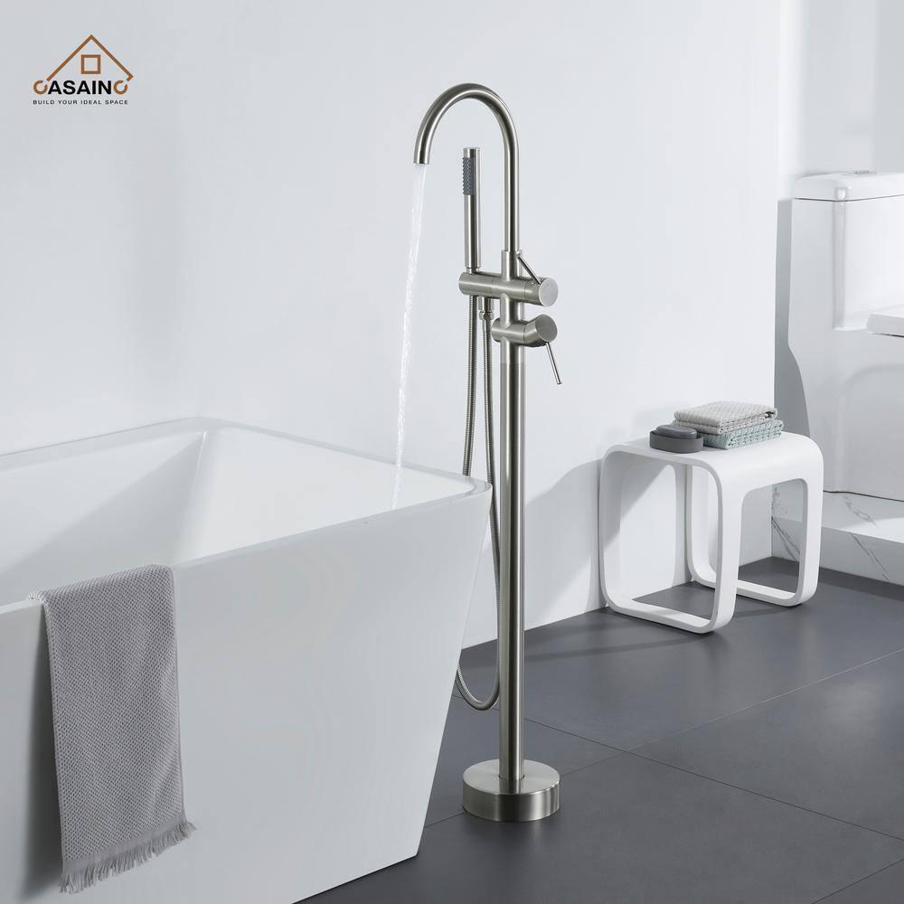 Double Handle Floor Mounted Freestanding Tub Filler With Handshower