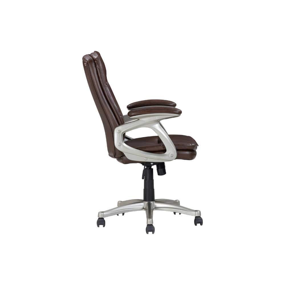 Benjara BM314719 28 in. Office Gaming Chair with 360 deg Swivel, Faux Leather, Brown, Silver & Black