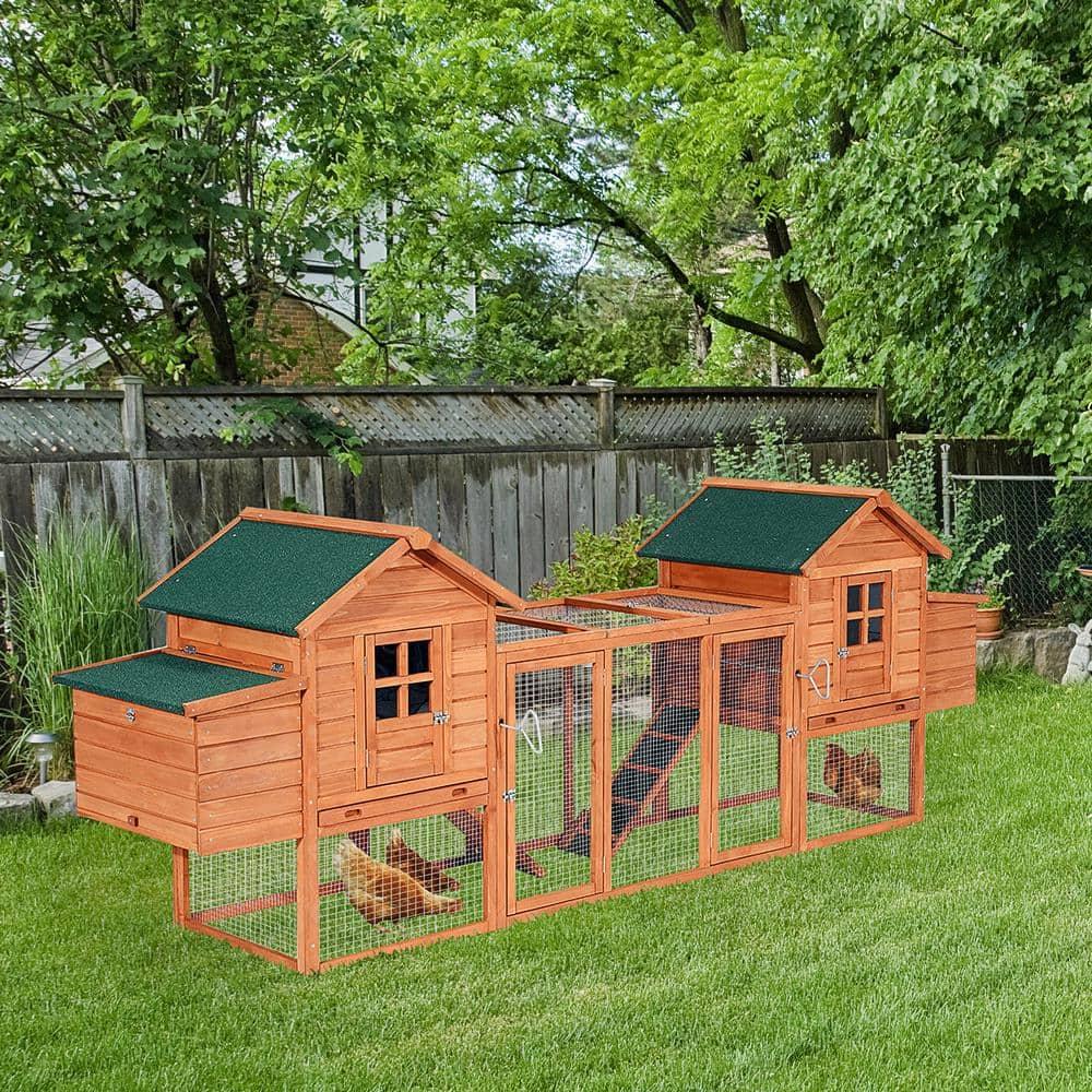 PawHut 124" Dual Chicken Coop, Wooden Large Chicken House, or Rabbit Hutch, Hen Poultry Cage Backyard with Outdoor Ramps and Nesting Boxes, Natural