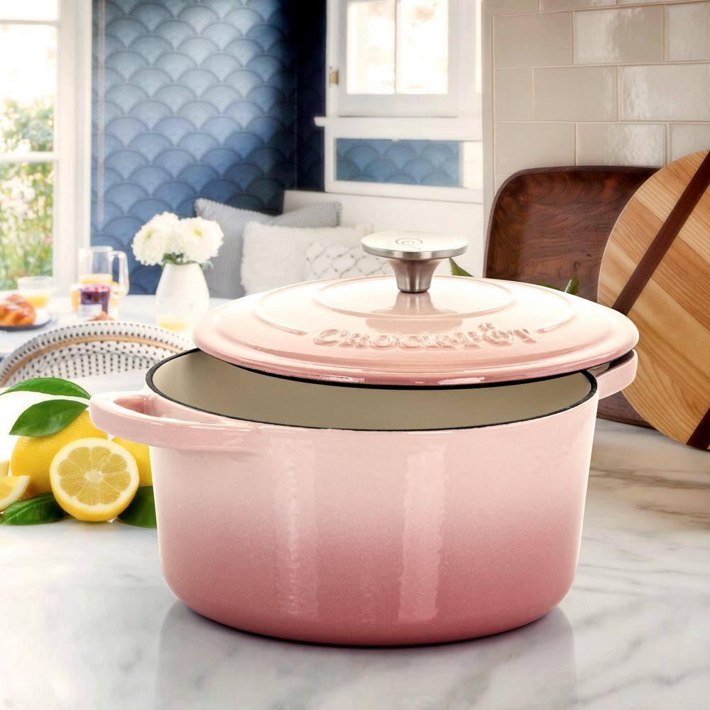 Crock-Pot 5 Quart Round Enamel Cast Iron Covered Dutch Oven Cooker, Blush Pink