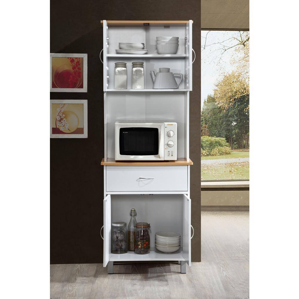 HODEDAH IMPORT Long Standing Kitchen Cabinet with Top & Bottom Enclosed Cabinet Space, One Drawer, Large Open Space for Microwave, White