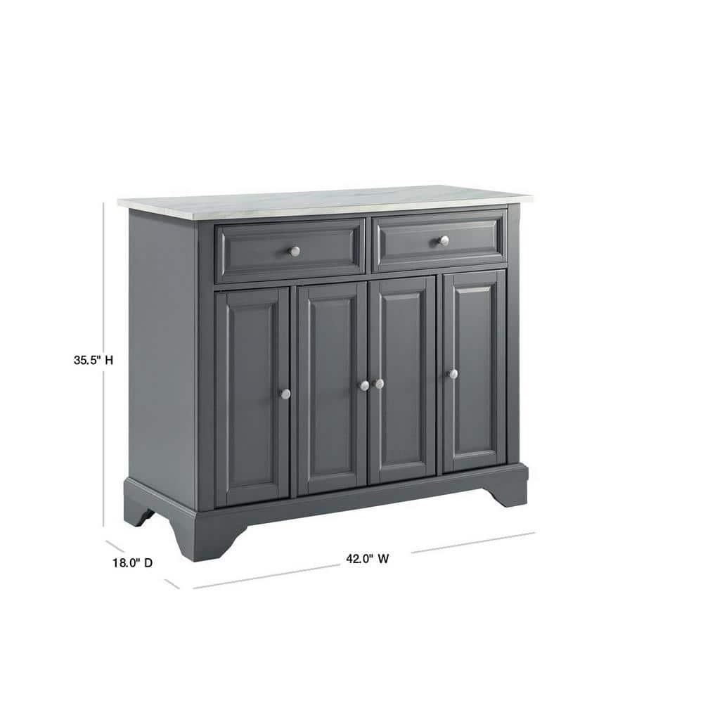 One Allium Way® Kitchen Island With Storage Shelves, Microwave Stand, Coffee Bar, Gray - Birch Veneer, Marble Finish, 2 Drawers & 3 Cabinets, Brushed Nickel Hardware