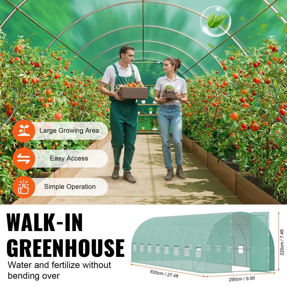 VEVOR Walk-in Tunnel Greenhouse, 27.4x9.5x7.4 ft Hoop House Greenhouse Tunnel, Plant Hot House with Galvanized Steel Frame, Green PE Cover, Swing Door and 16 Roll-up Windows for Outdoor