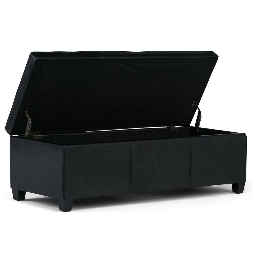 Simpli Home Avalon Storage Ottoman Bench In Midnight Black Vegan Faux Leather