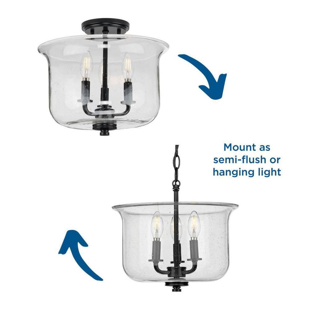 Progress Lighting Winslett 3-Light Semi-Flush Mount, Matte Black, Seeded Glass Shade