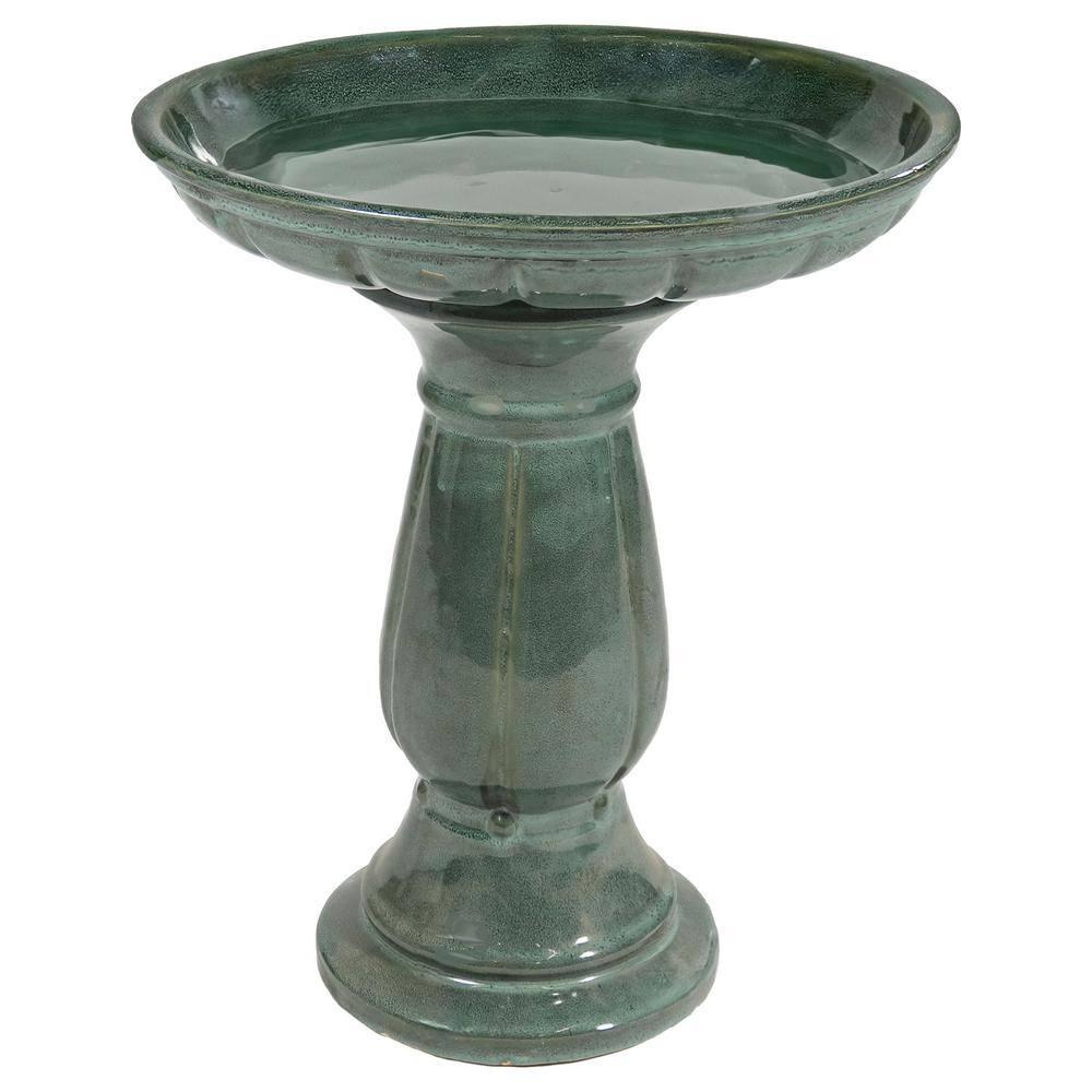 Lark Manor™ Aubriela Freestanding Ceramic Outdoor Bird Bath, UV-Resistant Green Mist Finish