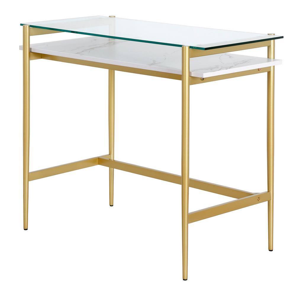 Henn&Hart 36" Brass/Faux Marble Metal/Glass/Faux Marble Home Office