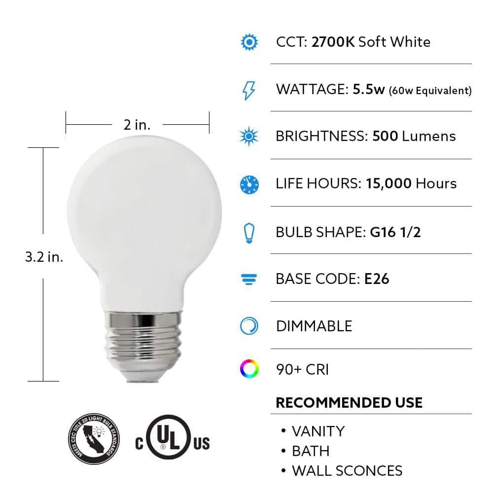 Feit Electric LED,5.5 W,G16-1/2,Medium Screw (E26),PK2 BPGM60W927CAFIL/2