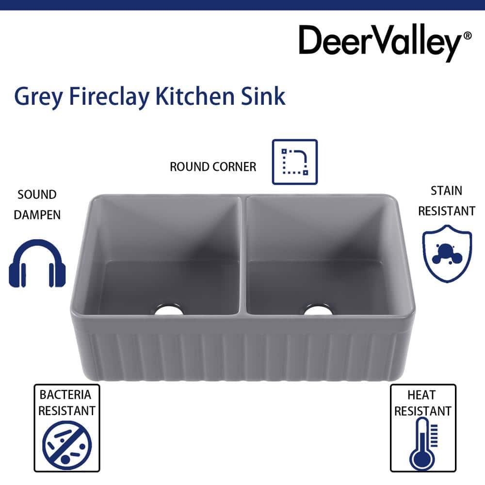 DeerValley Nova 33" L x 18" W Double Bowl Fireclay Farmhouse Kitchen Sink with Sink Grid and Basket Strainer DV-1K0041